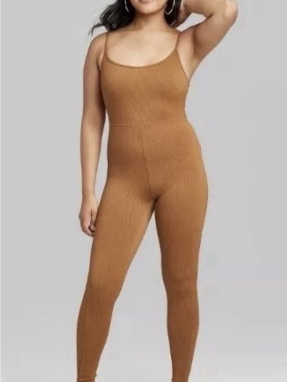 Wild Fable Women’s Seamless Ribbed Full-Length  Bodysuit/Jumpsuit in Camel M